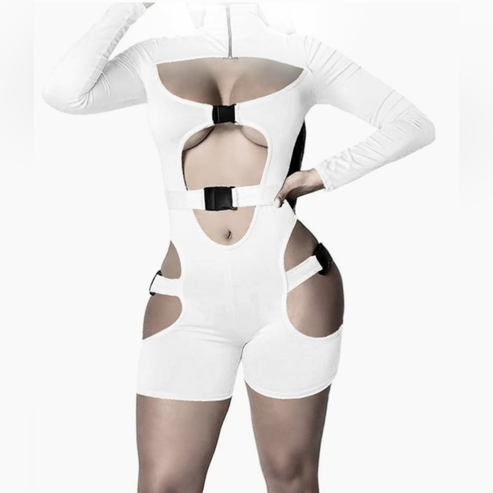 Romper Black Buckles Gray Bodycon Unisex Stretch Jumpsuit Long Sleeve Cosplay M